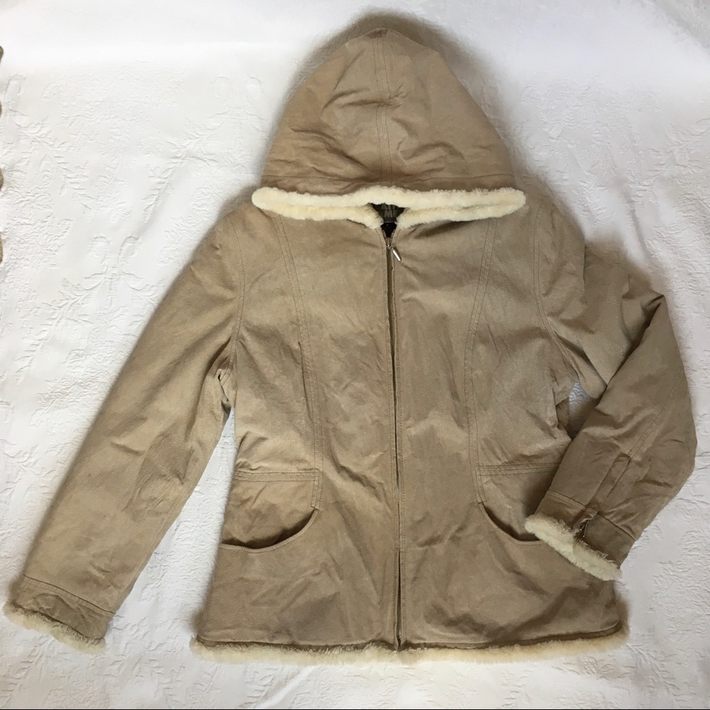 Cozy Shearling Sherpa Suede Hoodie Coat Jacket Medium